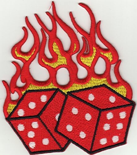 JAB SellerIron on Patch Sew on Embroidered Application Dice on Fire Flammes Luck Gambling Biker