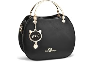 NICOLE & DORIS Borsa a Tracolla Rotonda Piccola in Pelle PU - Crossbody Messenger a Spalla Con Gatto Ciondolo Nero