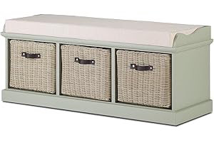 Tetbury Furniture Sage Green bench with storage baskets and cushion seat