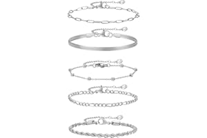 TempBeau Damen Armband Set Silber : 3Pcs Ketten Armbänder zierlich Vergoldet Armkette Twist Figaro Kettenarmbänder Verstellbar Modeschmuck Silver Gold für Damen Mädchen