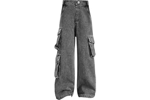 BILIKEYU Pantaloni cargo da bambina Streetwear in denim, a vita alta, lunghezza pavimento, con gamba larga e tasche da 5 a 16 Y