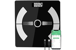 WELLMALL-HULA USB Smart Bluetooth Digital Bathroom Scales Weighing Scale for Body Weight High Precision, Body Composition Monitor for Body Fat, BMI, Muscle, Body Weight Smartphone App Rechargeable (Black)
