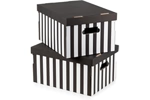 Compactor Cardboard Storage Boxes with Lids, Decorative Home, Office and Wardrobe Organiser Boxes, Flat-Packed Storage and Gift Box with Handles, Black/White Stripes, Pack of 2