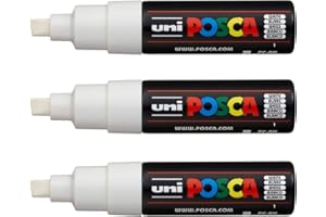 POSCA - Uni Mitsubishi Pencil - 3 Marqueurs Blanc PC8K - Pointe Biseautée Pointe Large 8 mm - Marqueur Peinture À Base d'Eau - Tout Support - Pour Papier, Textile, Verre, Galet