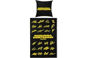 Borussia Dortmund BVB pościel z podpisami 2024/25, czarna, 135 x 200 cm z zamkiem błyskawicznym, podwójna konstrukcja
