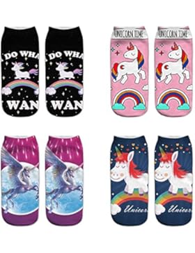 LegendsChan 4 Paar Damen Mädchen Cartoon Einhorn Socken Weich Elastisch Sport Socken Strümpfe Füßlinge Bunt Motiv
