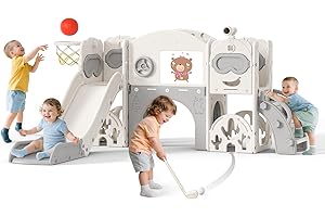 Krovtoy Toboggan pour Enfants épaissi et élargi,Toboggan Extra-Long de 170 cm, pour Tout-Petits 7 en 1 autoportant avec Panier de Basket, grimpeur pour Tout-Petits en Plein air(Beige Gris -7)