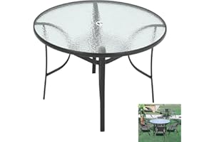 The Fellie Patio Table Outdoor Tempered Glass Top Dining Table Round Coffee Table with Umbrella Hole for Garden, Backyard, Balcony (φ105 x 72 cm-Round Table, Black)