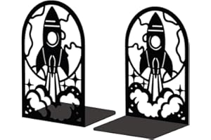 Peacoblue Metal Bookend Stopper Holder Stand for Shelves Decorative, 5.3"x4.3"x7.9" Modern Creative Heavy Duty Study Book End for Desk Shelf, 1 Pair (Rocket)