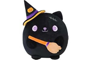Xfrog Halloween Plush Toys 10" Stuffed Animal Soft Cat Plushies Pillow Witch Broom Cat Plush Toys Gifts for Kids Girls Boys 25CM