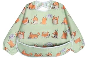 Little Dimsum Long Sleeved Coverall Waterproof Feeding Baby Bibs with Food Protection Large Pocket for Babies Toddlers(Little Puppy)