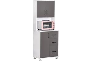 HOMCOM Szafka kuchenna z 2 drzwiami, regał mikrofalowy, wysoka szafka z dolną szafką do przechowywania i 3 szufladami, komoda płyta wiórowa, stal szara, biała, 60 x 40 x 150 cm