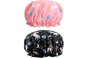 QIQIQIAQIA 2 Pack Unicorn Shower Cap for Kids Teens Waterproof Bath Cap for Shower Bath Spa Hair Care Soft Elastic Double-Layer Design Cute Durable Reusable Shower Cap for Girls Boys