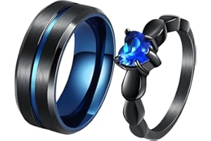 Wycian Ring Herz Stein, Trauringe Titan Bicolor Zirkonia Verlobungsring Saphir Eheringe Blau Schwarz Ringe 2 Stück Partnerringe 6mm/8 Edelstahlringe Schwarz