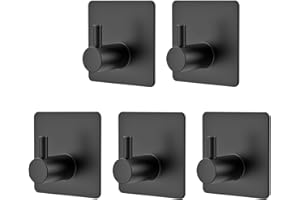 homeasy 5 Pack Self-Adhesive Towel Hook, 5kg Bathrobe Hook Wall Hook 3M Stainless Steel Brushed Stainless Steel Bathroom and Kitchen Towel Rack Coat Hook No Drilling Black (O-Shaped)