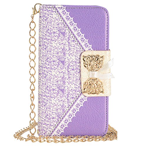 Uming® Gold Bow Lady Series PU Case [* for Samsung Galaxy S6Edge G925 *] with Bling Shiny Glitter Glanze Elegant White Lace Pattern Flip Holster with Stand Stander Holder Hand Free Credit Card Slot Wallet Hasp Magnet Magnetic Button Buckle Shell Protective Mobile Cell Phone Case Cover Bag - Purple