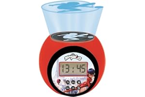Lexibook Miraculous Ladybug Chat Noir, Réveil projecteur avec Fonction Alarme et répétition Snooze, veilleuse avec minuterie, écran LCD, à Piles, Rouge/Noir, RL977MI