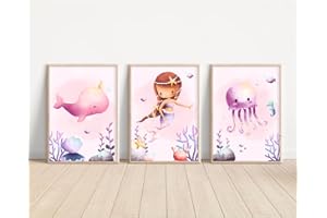 MeinBaby123® Lot de 3 posters au motif de sirènes - Format A4 - Décoration pour chambre d'enfant fille - Cadeau (sirènes V1)