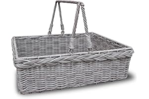 HABAU Picknickkorb Grau – Serviertablett & Tragekorb aus Kunststoff-Geflecht mit Metallrahmen – Stabiler Korb mit Griffen, Filzboden, 46 x 34 x 17 cm – Ideal für Picknick & Haushalt
