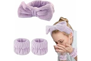 IMAXWAVE Kit de Spa para Cuidado Facial: Diadema Suave en Forma de Lazo y Muñequeras Absorbentes para Maquillaje y Tratamientos de Belleza, Ideal para Rutinas Diarias y Spa en Casa - Morado
