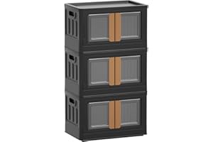 HAIXIN 32L Boite rangement plastique Pliable avec couvercle et 4 roulettes Empilable, aux Vetements Jouets, caisse Rangement Cuisine, Chambre à Coucher (lot de 3) Noir