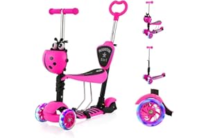 YOLEO 5-in-1 Kinder Roller Scooter mit Abnehmbarer Karikaturkorb Sitz Schubstange Große Räder Bequeme Rückenlehne Höheverstellbare Lenker für Kleinkinder Jungen Mädchen ab 2 Jahre (Rosa)