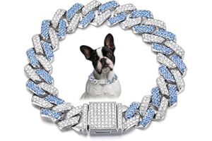 YOUALSO Blue Dog Necklace Collar, Bling Cuban Link Diamond Dog Collars Glitter Rhinestone Puppy Chain For For Small Medium Large Pet Dogs, 18-Inch