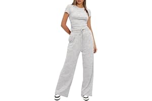 MOBEUR Women 2 Piece Set Outfit Summer Casual Tracksuit Short Sleeve Crop Tops and Drawstring High Elastic Waisted Wide Leg Pants Tracksuit Yoga Joggers Suit Lounge Wear Full Sets
