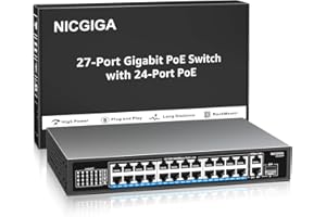 NICGIGA 24 Porte Gigabit Poe Switch con 24 Porte Poe+@300W, 2 Porte Uplink Gigabit, 1 SFP, Metallo Robusto per Montaggio su scrivania/su scaffale, Plug And Play, Switch Power Over Ethernet Switch.