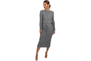 Crazy Girls Women Ladies Cable Knitted Side Pocket Long Sleeve Tie Up Midi Party Jumper Dress