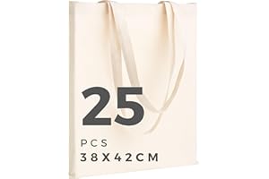 POLHIM-Bolsa Tela 100% Algodón Biodegradable,Lavable,Reutilizable-Asas Largas de 70cm.para Ropa,Manualidades,Alimentos,Verduras, IR de Paseo y para Uso Diario.Medidas 38x42cm,Densidad 145gr/m2