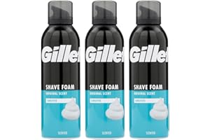 Gillette Men Shaving Foam Sensitive Skin Original Scent Clean Shave 200ml Pack of 3 Soft Face Body Aloe Vera Mousse Compatible with Gillette Razor with Welari Thank You Card | (3pack) (3 x 200ml)