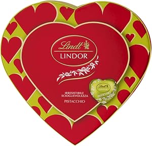 Lindt San Valentino Scatola Regalo Cioccolatini Lindor a Forma di Cuore al Cioccolato al Latte e Ripieno al Pistacchio 82g