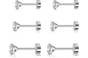 Artskin 3 pary tytanowych kolczyków z cyrkoniami dla kobiet i mężczyzn, kolczyki sztyfty, hipoalergiczne płaskie plecy, srebrne, dziewczęce, zestaw 3 mm – 5 mm