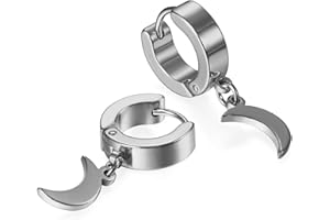 JewelryWe Pair of Mens Womens Stainless Steel Stud Hoop Huggie Star Moon Dangle Charms Earrings Hinged Earring Set