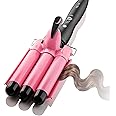 DSGKUU Hair Curler, 3 Barrels Hair Waver Curling Iron Big Wave Wand for Long Hair, Electric Crimpers Tongs with Two Speed Temp Control, 25MM, Pink