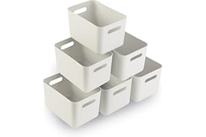 Laffair® Plastic Storage Boxes - Set of 6 Plastic Baskets for Bathroom, Kitchen and Office Storage - Sleek Modern Design Box for Home Storage and Organisation (Ivory - 6 Pack)