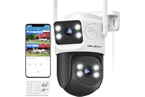 GENBOLT 4G LTE Zewnętrzna Kamera bez WiFi, Dwuobiektywowa Komórkowa Kamera Bezpieczeństwa CCTV z Kartą SIM, Nagrywanie 24/7 IP Kamera Monitorująca PoE ze śledzenie Humanoidów Dwuobiektywowa