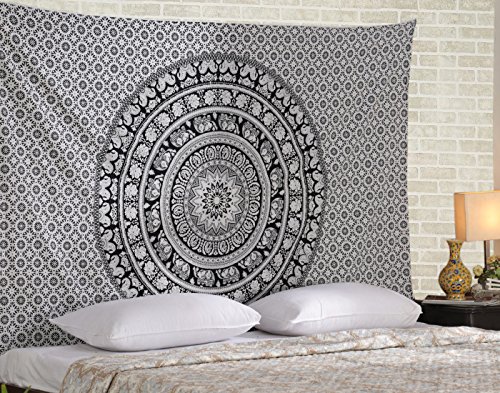 Mandala Tapetsry Hippie Wandbehang Schwarz Weiß Boho Baumwolle Wandteppich White Tapisserie Elephant Von Rajrang - 3