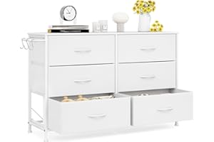 ‎LEADER ACCESSORIES Flur Kommode mit 6 Stoffschubladen - Wohnzimmer Industrial Metall Schubladenschrank - Eingangsbereich rustikaler Aufbewahrungsschrank - Schlafzimmer Stoffkommode Kleidung - Weiß 100x30x65cm