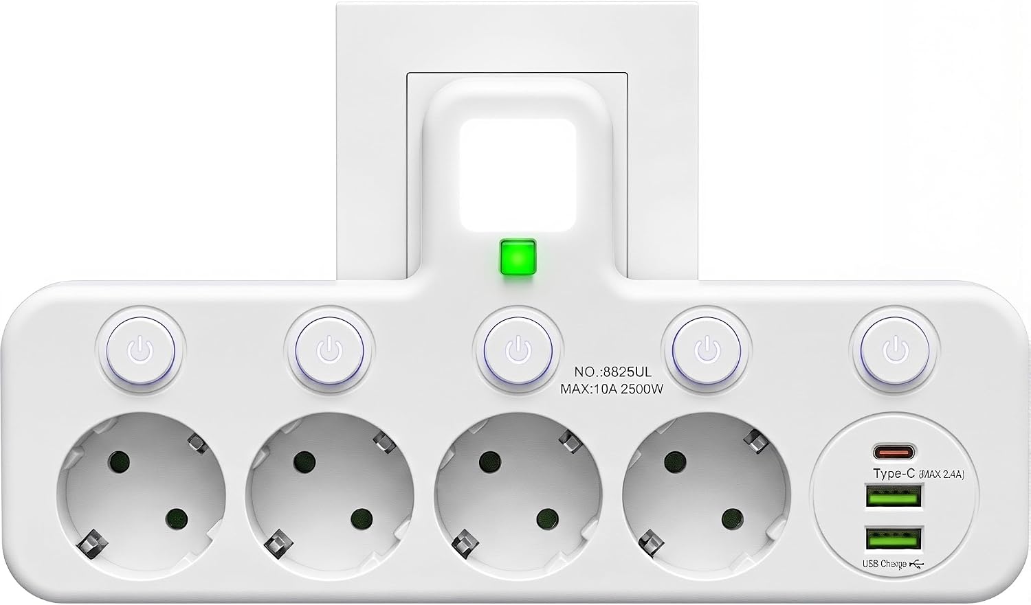 Regleta de Enchufe de Pared con 4 Tomas Europeas, Adaptador con USB C y 2 USB A, Ladrón de Enchufe con Interruptores Independientes para Hogar y Oficina
