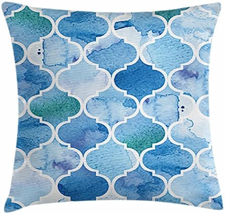fringcoook Watercolor Throw Pillow Cushion Cover, Abstract Moroccan Trellis Geometric Pattern Curves Persian Mosaic Design, Decorative Square Accent Pillow Case, 18 X 18 Inches, Blue Baby Blue