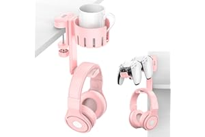 Obrotowy Wieszak na Słuchawki KDD - 3 w 1 Pod Biurkiem, Uchwyt na Kontroler, Wymienny Uchwyt na Kubek - Kompatybilny z Uniwersalnym Zestawem Słuchawkowym, Kontrolerem, Kubkiem (Różowy)