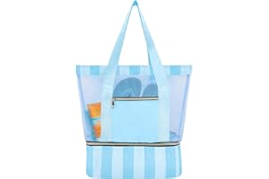 QBEJIME Beach Bags For Women, Double Large Mesh Beach Bag with Zip and Pockets, Foldable Beach Tote Bag, For Travel Swimming Pool Shopping Gym