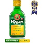 M&ouml;ller's Omega 3 Limon Aromalı 150 ml; saf morina balığı yağı, IFOS Onaylı, DHA, EPA, A D E vitamini. &Ccedil;ocuklar ve yetişkinler