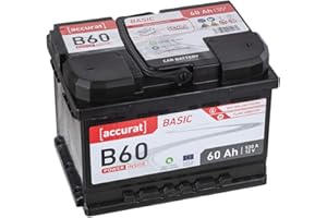 Accurat Batterie de voiture B60 Basic - 12 V 60 Ah 530 A - Sans entretien - Batterie humide/au calcium/Démarreur - Haute capacité de démarrage à froid - Pour véhicules de classe moyenne
