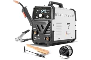STAHLWERK Schweißgerät Mini FLUX 120 ST Digital – Fülldrahtschweißen (FLUX) ohne Schutzgas bis 120 A, kompakt, synergischer Drahtvorschub, integriertes LED-Licht, Lift-TIG- und MMA/ARC-Funktion