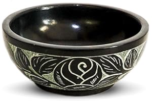 Kaizen Casa Hand Carved Natural Stone Bowl, Smudge Bowl, Stone Bowl, Smudge Pot, White Leaf Carved Design |Size_5” x 2” – Black | Ritual Bowl Display Bowl Jewelry Dish Kitchen Table Decor Gift.