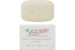 V55 MAX Salicylic Acid, Tea Tree Oil and Sulphur Soap Scrub for Spots Blackheads Milia Blemishes Problem Skin Suitable and Safe for those Prone to Acne - Paraben and Cruelty FREE - 100 g