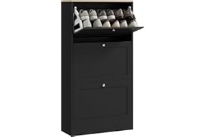 HOMCOM Meuble à Chaussures 18 Paires, Armoire à Chaussures étroite Moderne avec 3 tiroirs rabattables et étagères réglables, pour Couloir et entrée, 60 x 23,5 x 115 cm, Noir
